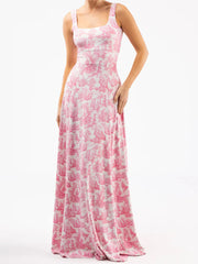 Pink Printed Square Neck Long Dress with Scarf