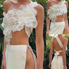 3D Layered Flower Rhinestone Bra Bow Tied Top