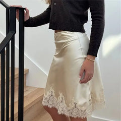 Lace Trim Satin Bodycon Midi Slip Skirt