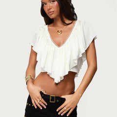 White Frill Trim V-Neck Crop Top