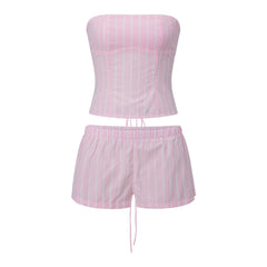 Striped Tube Lace‑Up Back Top and Shorts Set