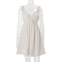 V-Neck Lace Patchwork Babydoll Mini Dress
