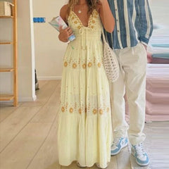 Embroidery Smocked V-Neck Halter Long Dress
