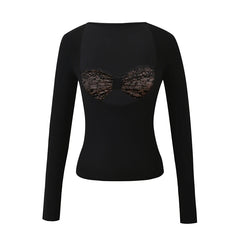 Long Sleeve Lace Cutout Patchwork T-Shirt