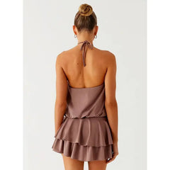 Ruffled Halter Neck Backless Metal Buckled Mini Dress