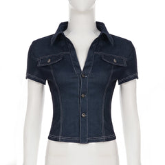 Denim Button Up Collar Crop Top