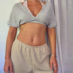 Grey Deep V-Neck Short Sleeve Striped Crop Top