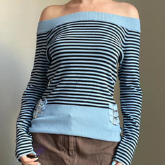 Striped Off Shoulder Long Sleeve Knit Top