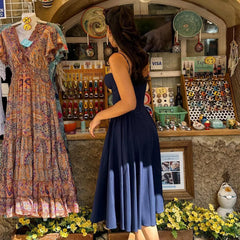 Solid Spaghetti Strap Bustier Pleated Midi Dress