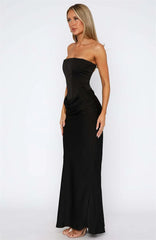 Satin Strapless Lace Up Corset Maxi Dress