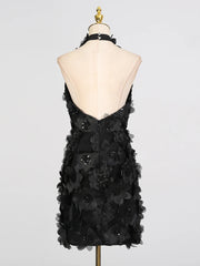 Halter 3d Flower Appliques Mini Dress