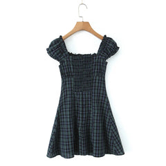 Off-Shoulder Plaid Buttoned Mini Dress