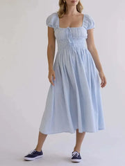 Striped Short Sleeve Ruched Bow Midi Dress