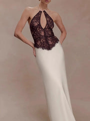 White Lace Black Patchwork Halter Maxi Dress