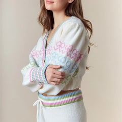 White Bow Print Crop Cardigan