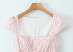 Pink Plaid Button Puff Sleeve Midi Dress