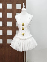 Sleeveless Metal Buckle Mesh Folds Mini Dress