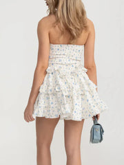 White Floral Lace Up Strapless Ruffles Mini Dress
