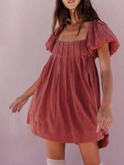 Puff Sleeve Babydoll  Square Neck Tie Back Mini Dress