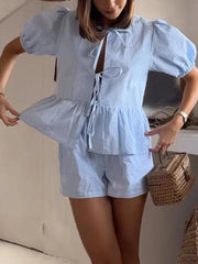 Front Tie Plaid Puff Sleeve Peplum Shirt And Shorts Set