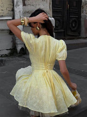 Yellow Tie-Up Puff Sleeve Mini Dress - Office Lady Slim Fit