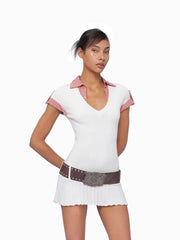 Short Sleeve Gingham Patchwork Knit Mini Dress