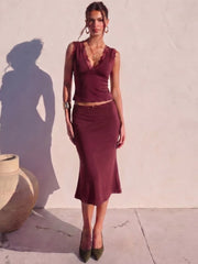 Lace Trim V-neck Tank Top And Midi Skirt Set