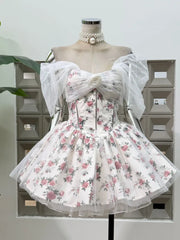 3D Flower Embellished Floral Print Tulle Mini Dress