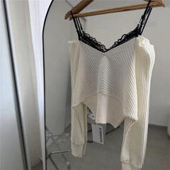 Off Shoulder Lace Trim Knit Long Sleeve Top