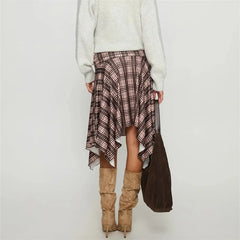 Plaid Irregular Hem Midi Skirt