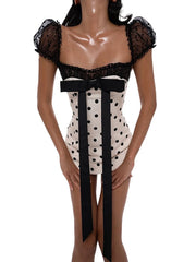 White Polka Dot Lace Sleeves Black Bow Mini Dress