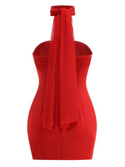 Strapless Folds Mini Dress With Mesh Scarf