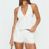 Lace Trim Halter Tie-Up Open Back Top And Shorts Set