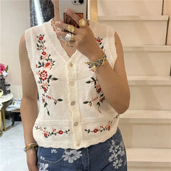 Knit V-Neck Floral Embroidery Vest