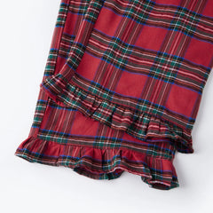 Red Tartan Plaid Ruffle Bow Puff Sleeve Top And Long Pants Pajama Set