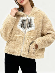 Gingham Teddy Hooded Patchwork Jacket