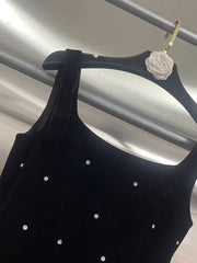 Velvet Pearl Bow Strap Flared Mini Dress