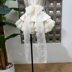 White Satin Square Collar Detachable Lace Bow Frill Hem Mini Dress