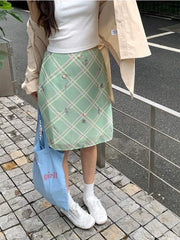Blue Plaid Floral Mesh Midi Skirt
