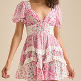 Flower Print Tiered Patchwork Short Sleeve Mini Dress