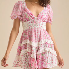 Flower Print Tiered Patchwork Short Sleeve Mini Dress