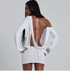 White Off-Shoulder Long Sleeve Studded Mini Dress