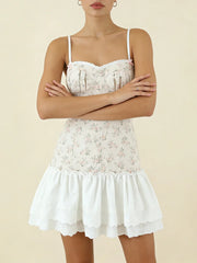 White Floral Print Cami Ruffled Lace Hem Mini Dress