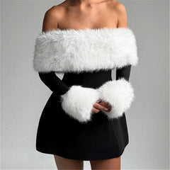 Off Shoulder Fur Trim A Line Mini Dress