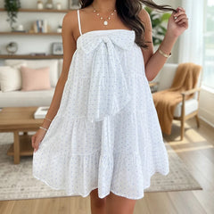 White Cami Polka Dot Bow Square Neck Spaghetti Strap Mini Dress