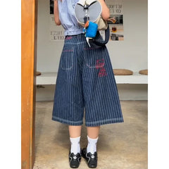 Blue Calf Length Cargo Baggy Denim Trousers