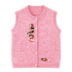 Knitted Embroidered Cartoon Button Up Vest