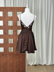 Brown Satin Spaghetti Strap Lace Patchwork Mini Dress