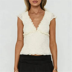 Ruffled Trim V-Neck Cap Sleeve Top