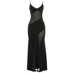 Black Mesh See Through Patchwork Cami Maxi Dress